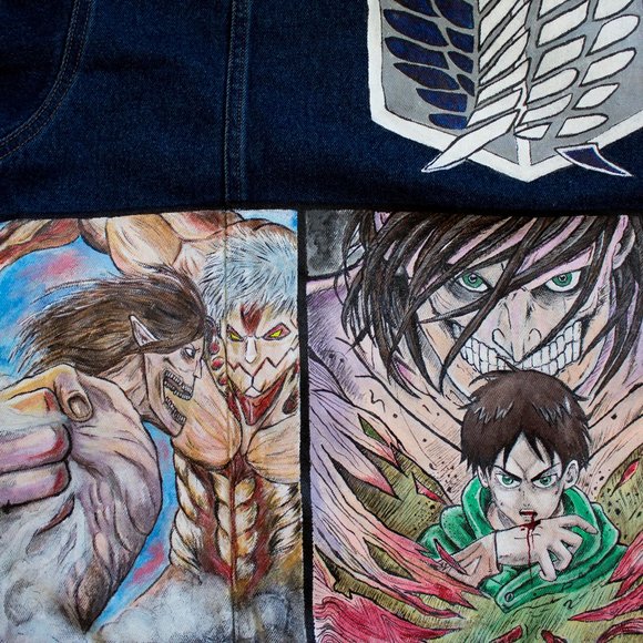 Vintage Denim Jacket Attack on Titan Man's XL Size Hand Painted Art - Picture 4 of 6